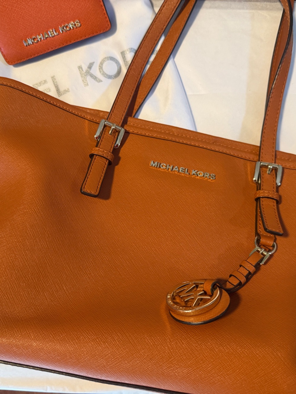 Michael Kors Orange Leather Tote with Interior Zip Pocket